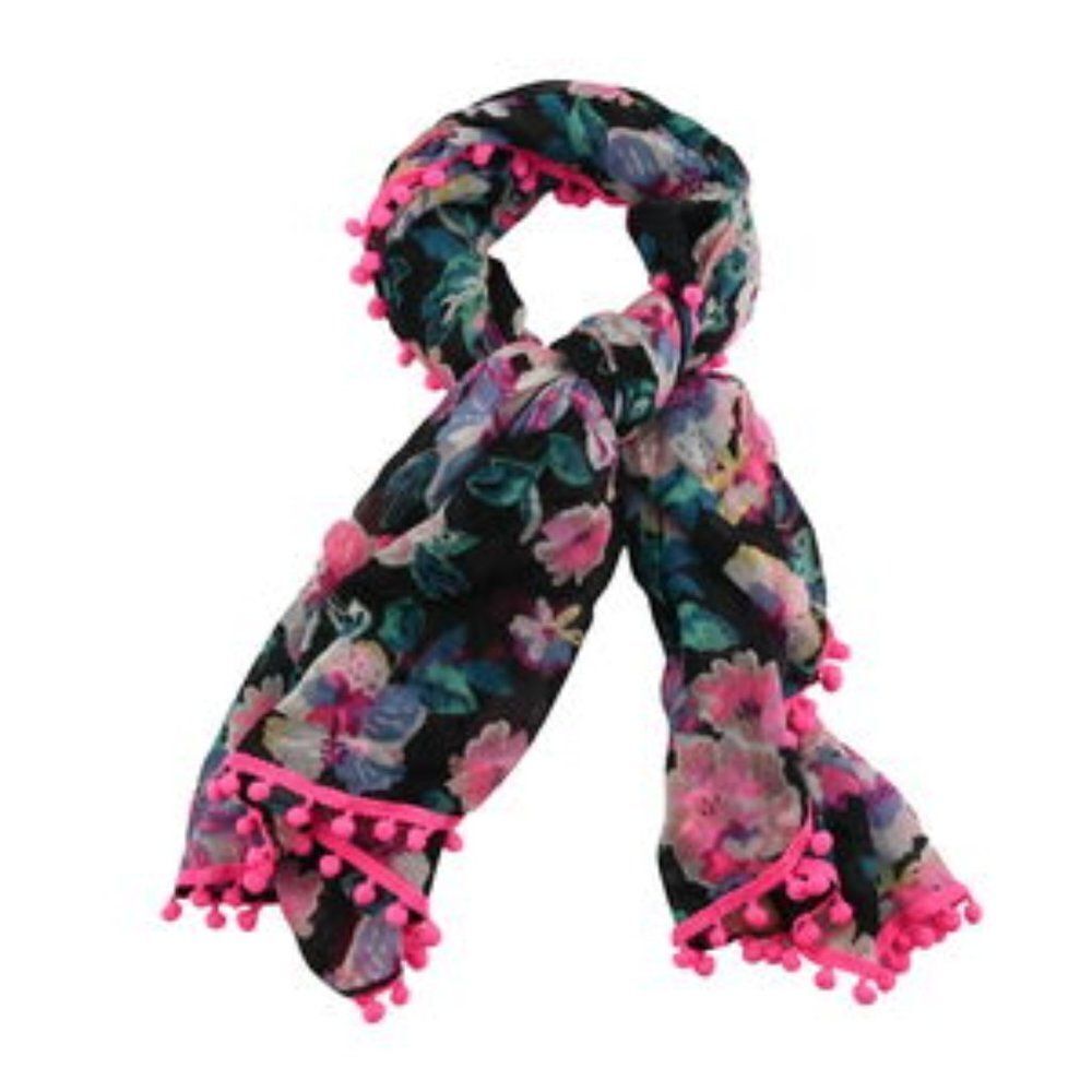Floral Pattern Scarf with Pom Pom Trim